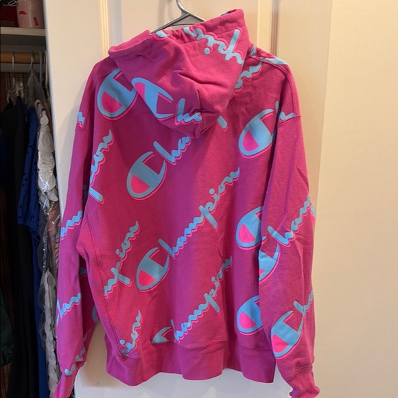 Champion Pink Hoodie with Light Blue Logo Print - Picture 2 of 4